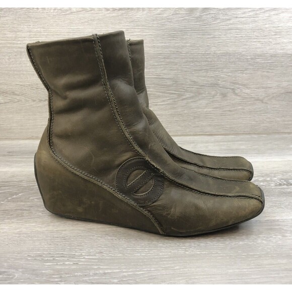 No Name Women's Boots French Luxury Green Leather Square Toe Wedge Side Zip 9.5